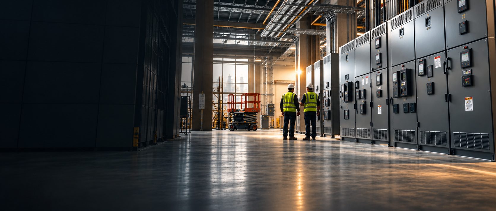 Electrical crew inspecting a large commercial switchgear room
